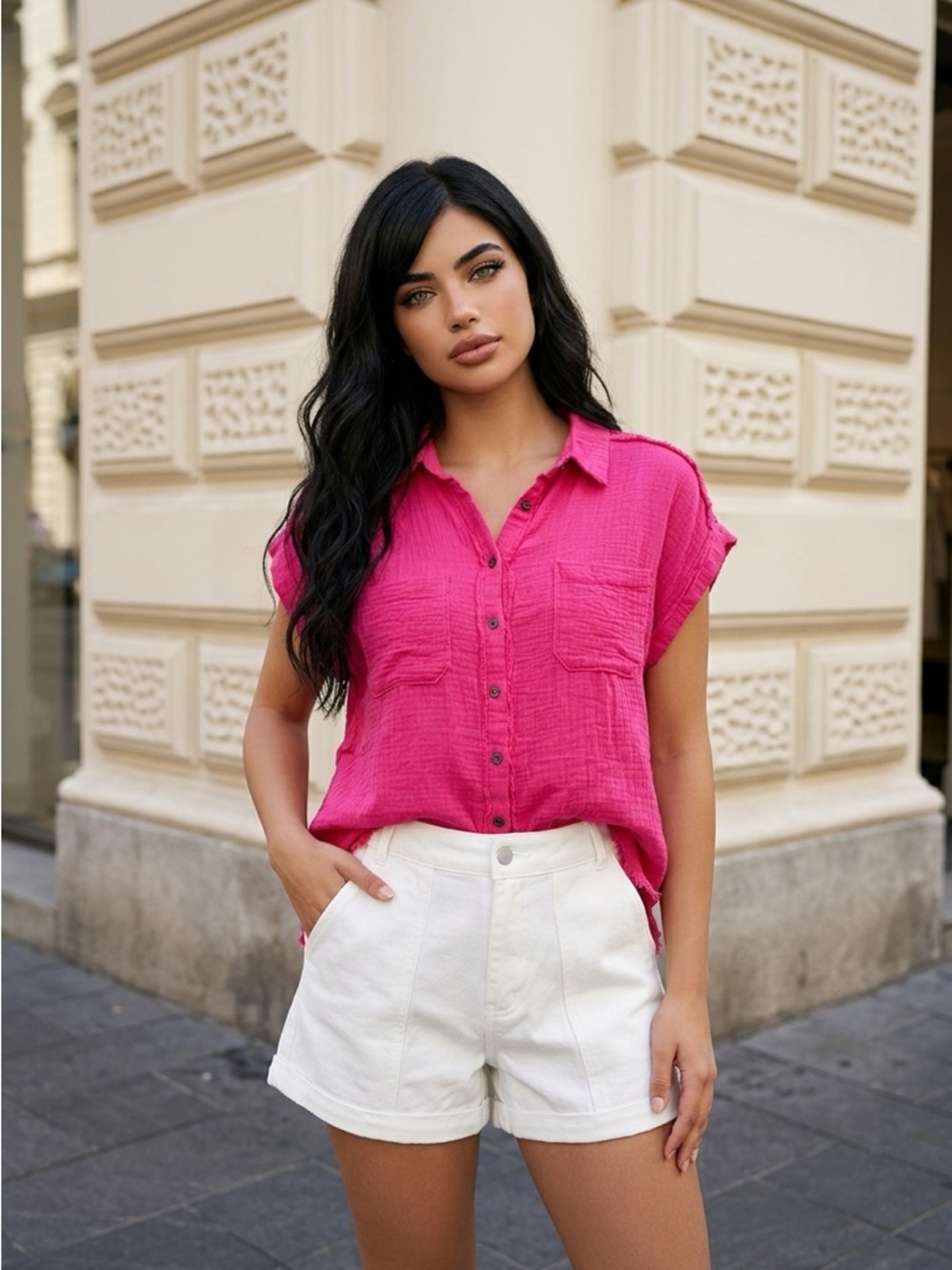 Women's Hot Pink Short-Sleeve Button-Down Shirt